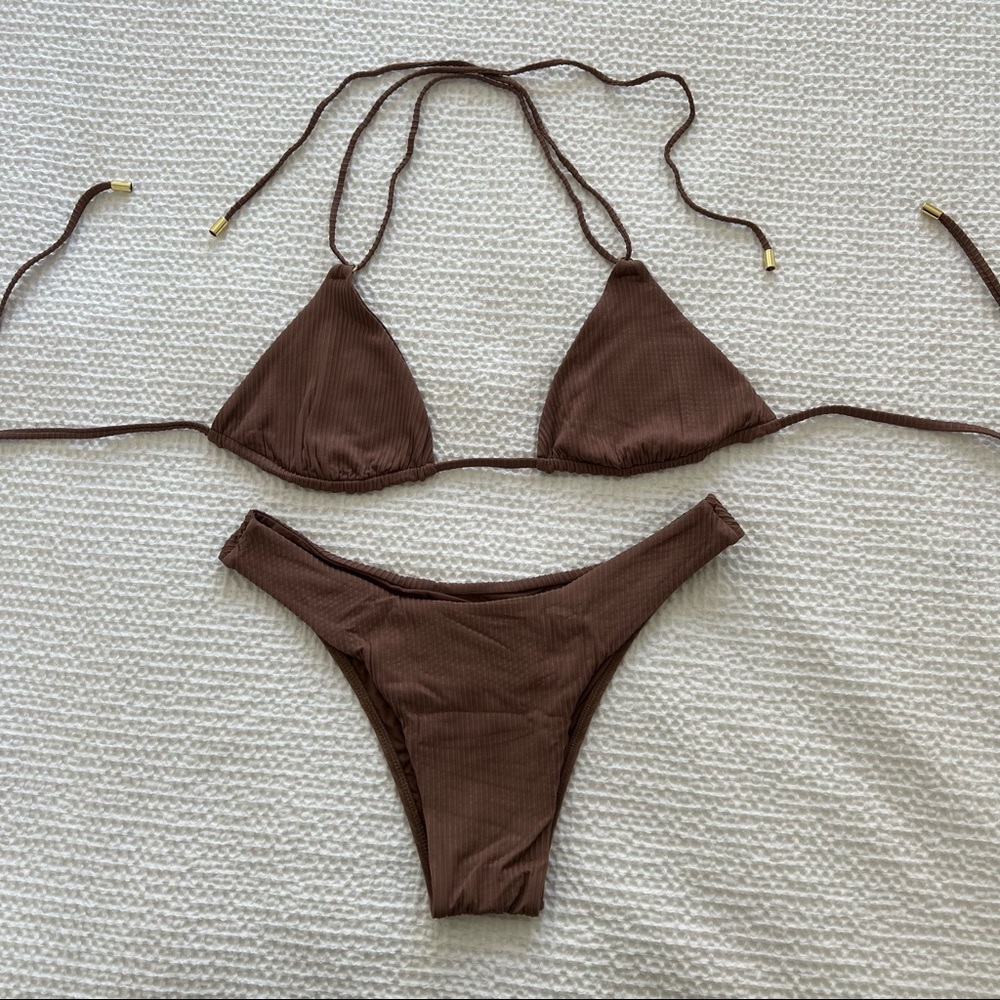 COPY - Monday Swimwear Hanalei Top Byron Bottoms Ribbed Caramel Brown